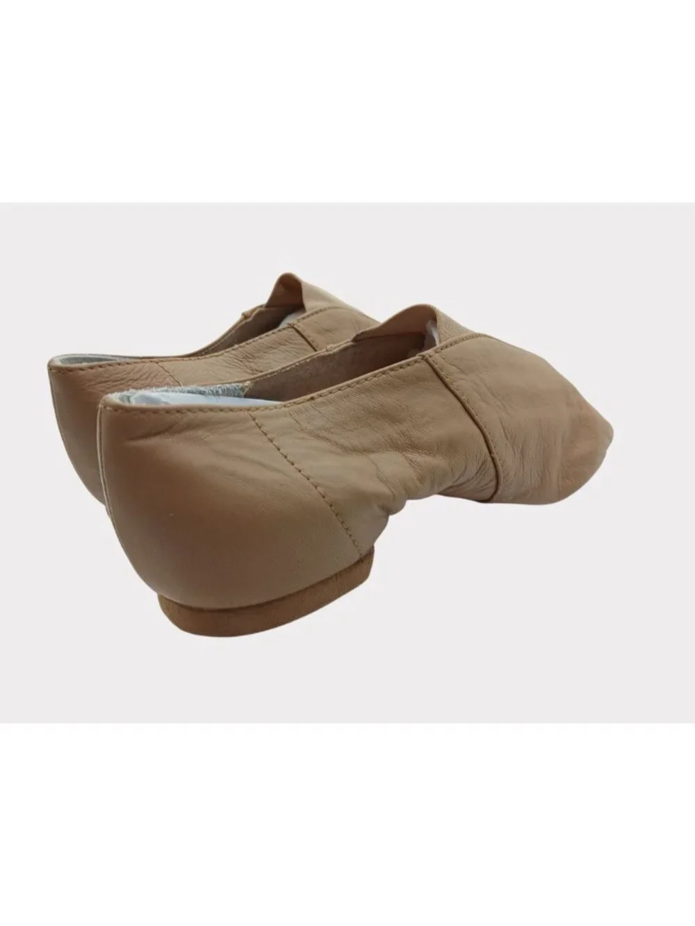 Bloch Tan Split Sole Slip On Jazz Shoe Size 5 Elastic Panel Rubber Sole Heel - Picture 2 of 11